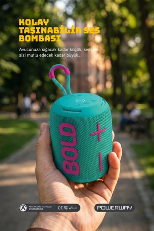 Powerway Bold Turkuaz Taşınabilir Ses Bombası Kablosuz Bluetooth Hoparlör Speaker Yüksek Sesli TWS