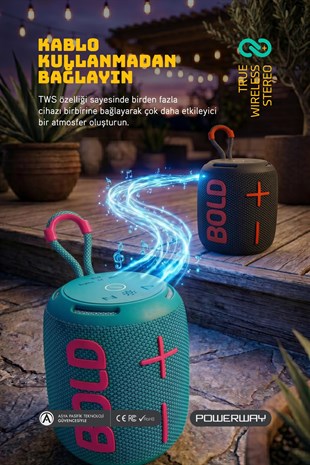 Powerway Bold Turkuaz Taşınabilir Ses Bombası Kablosuz Bluetooth Hoparlör Speaker Yüksek Sesli TWS
