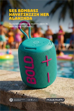 Powerway Bold Turkuaz Taşınabilir Ses Bombası Kablosuz Bluetooth Hoparlör Speaker Yüksek Sesli TWS