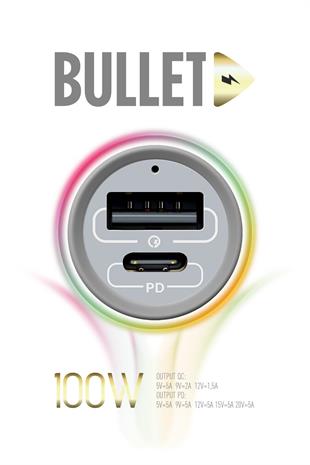 Powerway Bullet 100W Araç Çakmaklık Şarj Cihazı Type-C ve Usb Çıkışlı Profesyonel Turbo Hızlı Şarj