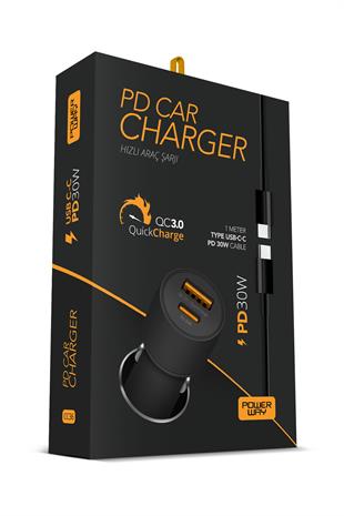 Powerway CC36 Araç İçi Hızlı Şarj Cihazı | 30W PD QC 3.0 Type-C USB Çıkışlı + Type-C Şarj Kablosu