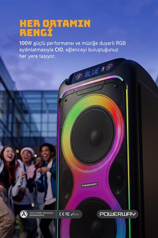Powerway CIO 100W Hoparlör Gitar Saz Girişli Karaoke Parti Ses Sistemi 80 CM Dijital Ekran +Bass Pro