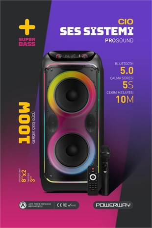 Powerway CIO 100W Hoparlör Gitar Saz Girişli Karaoke Parti Ses Sistemi 80 CM Dijital Ekran +Bass Pro