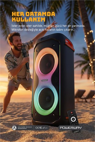 Powerway DUO XL Taşınabilir Mikrofonlu 20x2 W Karaoke Ses Kayıt Bluetooth Hoparlör Led Işıklı