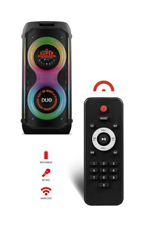 Powerway DUO XL Taşınabilir Mikrofonlu 20x2 W Karaoke Ses Kayıt Bluetooth Hoparlör Led Işıklı