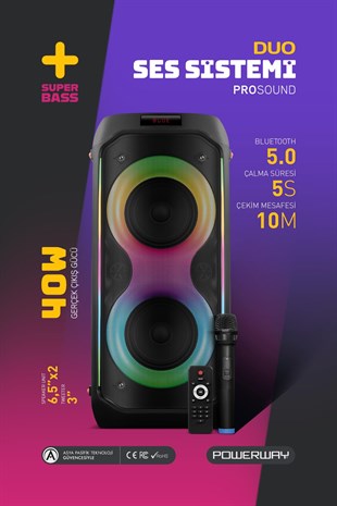 Powerway DUO XL Taşınabilir Mikrofonlu 20x2 W Karaoke Ses Kayıt Bluetooth Hoparlör Led Işıklı