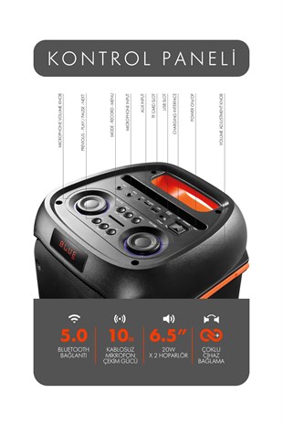 Powerway DUO XL Taşınabilir Mikrofonlu 20x2 W Karaoke Ses Kayıt Bluetooth Hoparlör Led Işıklı
