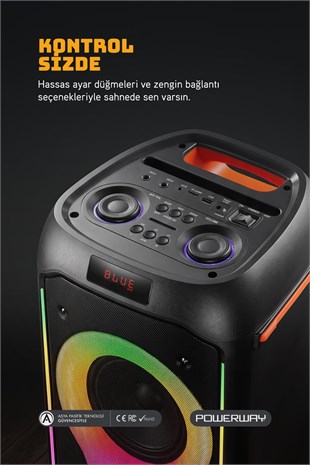 Powerway DUO XL Taşınabilir Mikrofonlu 20x2 W Karaoke Ses Kayıt Bluetooth Hoparlör Led Işıklı