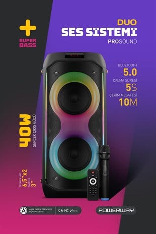 Powerway DUO XL Taşınabilir Mikrofonlu 20x2 W Karaoke Ses Kayıt Bluetooth Hoparlör Led Işıklı