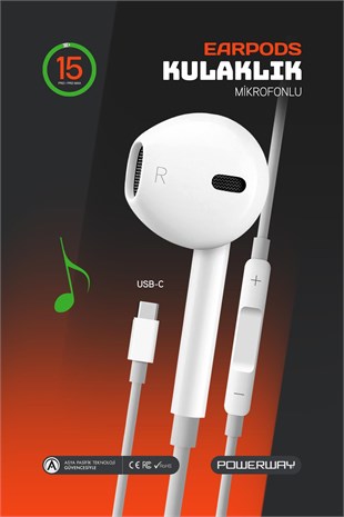 Powerway EardPod iPhone 15 Type-C Kulaklık Usb-C Tüm Cihazlar İle Uyumlu