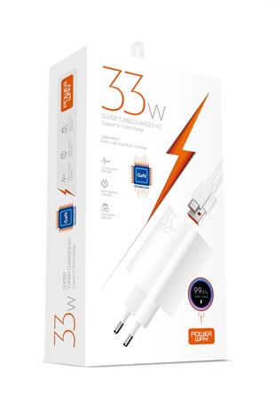 Powerway M33S Set Süper Turbo 33W Hızlı Şarj Adaptörü Gan Teknoloji Usb Şarj Başlığı Ekstra Kablolu