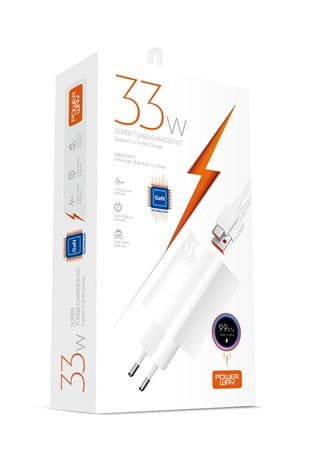 Powerway M33S Set Süper Turbo 33W Hızlı Şarj Adaptörü Gan Teknoloji Usb Şarj Başlığı Ekstra Kablolu