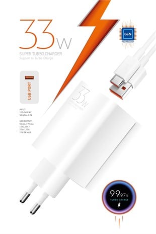 Powerway M33S Set Süper Turbo 33W Hızlı Şarj Adaptörü Gan Teknoloji Usb Şarj Başlığı Ekstra Kablolu
