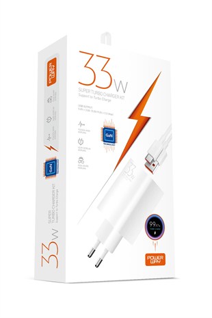 Powerway M33S Set Süper Turbo 33W Hızlı Şarj Adaptörü Gan Teknoloji Usb Şarj Başlığı Ekstra Kablolu