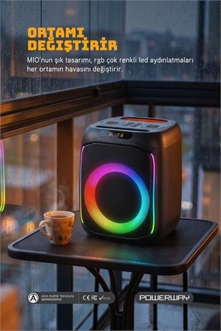 Powerway MIO Taşınabilir Mikrofonlu 40 W Parti Karaoke Kumandalı Bluetooth Hoparlör Led Işıklı