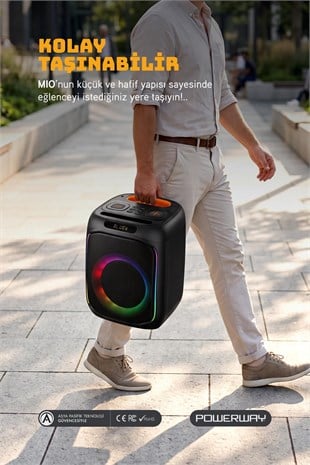 Powerway MIO Taşınabilir Mikrofonlu 40 W Parti Karaoke Kumandalı Bluetooth Hoparlör Led Işıklı