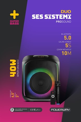 Powerway MIO Taşınabilir Mikrofonlu 40 W Parti Karaoke Kumandalı Bluetooth Hoparlör Led Işıklı