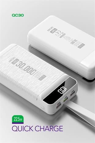 Powerway QC30 Beyaz 30.000 Mah PD 22.5W Hızlı Şarj Led Işıklı Powerbank