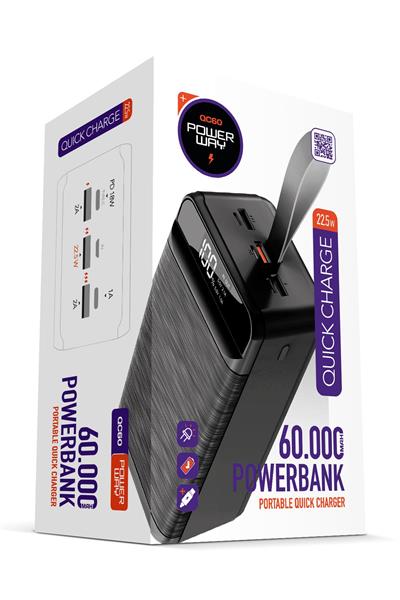 Powerway QC60 Siyah 60.000 Mah PD 22.5W Hızlı Şarj Led Işıklı Powerbank