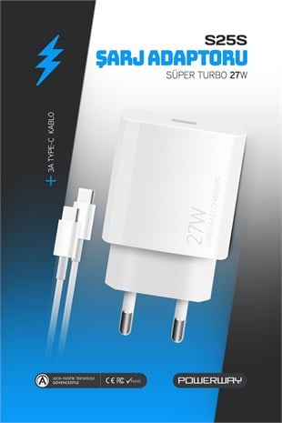Powerway PD 27W Type-C QC 3.0 Süper Hızlı Şarj Aleti Seti S25S Adaptör ve Kablo