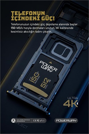 Powerway Premium 512 GB SDXC UHS Class 4K Ultra Hızlı Hafıza Kartı + Adaptör