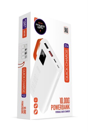 Powerway QC10 Beyaz 10.000 Mah PD 22.5W Dahili Kablolu Hızlı Şarj Led Işıklı Powerbank