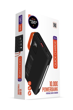 Powerway QC10 Siyah 10.000 Mah PD 22.5W Dahili Kablolu Hızlı Şarj Led Işıklı Powerbank