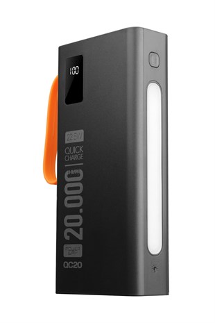 Powerway QC20 Siyah 20.000 Mah PD 22.5W Dahili Kablolu Hızlı Şarj Led Işıklı Powerbank