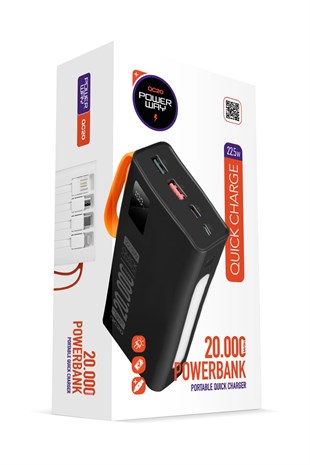 Powerway QC20 Siyah 20.000 Mah PD 22.5W Dahili Kablolu Hızlı Şarj Led Işıklı Powerbank