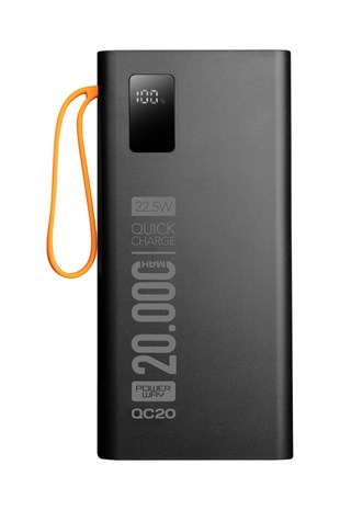 Powerway QC20 Siyah 20.000 Mah PD 22.5W Dahili Kablolu Hızlı Şarj Led Işıklı Powerbank