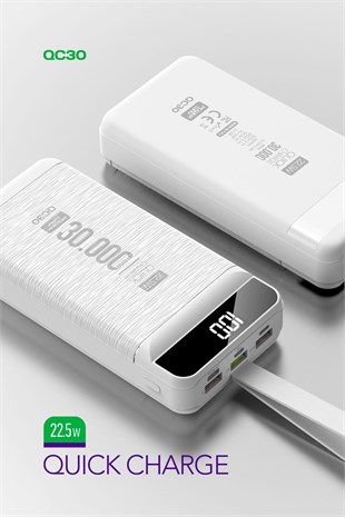Powerway QC30 Beyaz 30.000 Mah PD 22.5W Hızlı Şarj Led Işıklı Powerbank