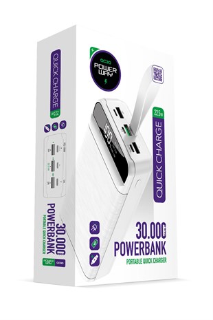 Powerway QC30 Beyaz 30.000 Mah PD 22.5W Hızlı Şarj Led Işıklı Powerbank