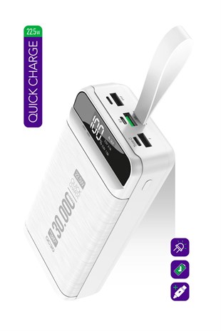 Powerway QC30 Beyaz 30.000 Mah PD 22.5W Hızlı Şarj Led Işıklı Powerbank