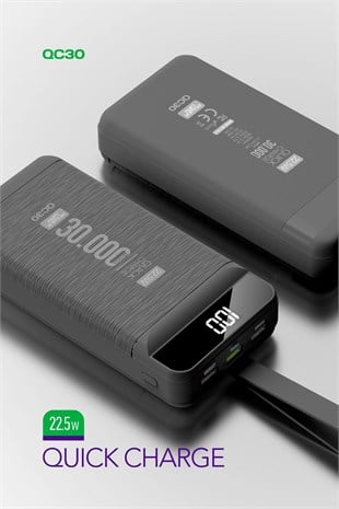 Powerway QC30 Siyah 30.000 Mah PD 22.5W Hızlı Şarj Led Işıklı Powerbank