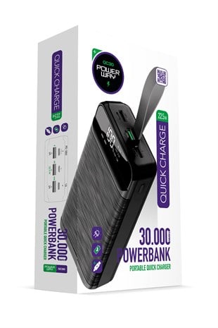 Powerway QC30 Siyah 30.000 Mah PD 22.5W Hızlı Şarj Led Işıklı Powerbank