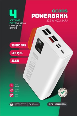 Powerway QC30S Beyaz 30.000 Mah PD 22.5W Dahili Kablolu Hızlı Şarj Led Işıklı Powerbank