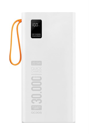 Powerway QC30S Beyaz 30.000 Mah PD 22.5W Dahili Kablolu Hızlı Şarj Led Işıklı Powerbank
