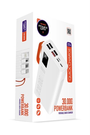 Powerway QC30S Beyaz 30.000 Mah PD 22.5W Dahili Kablolu Hızlı Şarj Led Işıklı Powerbank