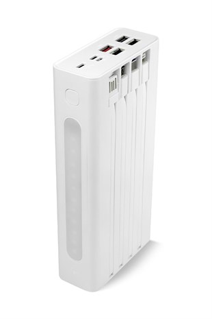 Powerway QC30S Beyaz 30.000 Mah PD 22.5W Dahili Kablolu Hızlı Şarj Led Işıklı Powerbank
