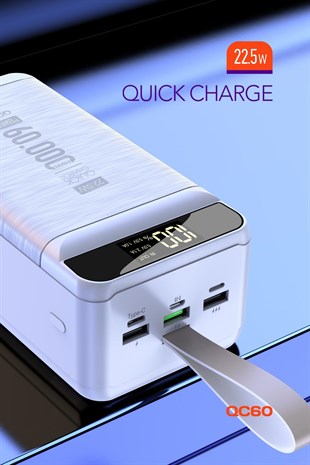 Powerway QC60 Beyaz 60.000 Mah PD 22.5W Hızlı Şarj Led Işıklı Powerbank