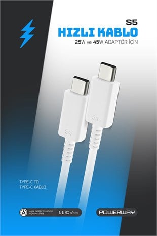 Powerway S5 45W Yüksek Hızlı Şarj Destekli 5A İki Ucu Type-C Şarj ve Veri Aktarma Kablosu