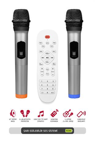 Powerway Şarjlı Çift Mikrofonlu Hoparlör Karaoke Sistemi Taşınabilir Amfi MT70 Bluetooth Hoparlör