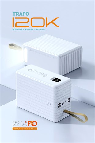 Powerway TRAFO120 Beyaz 120.000 Mah PD 22.5W Dahili Kablolu Hızlı Şarj Işıklı Powerbank
