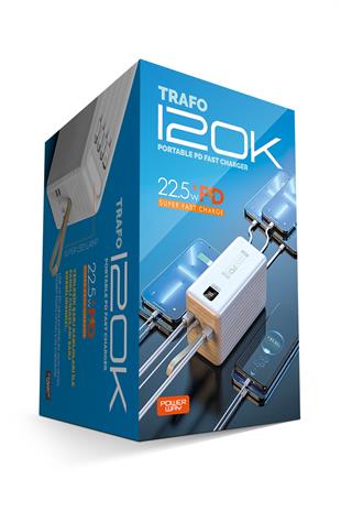 Powerway TRAFO120 Beyaz 120.000 Mah PD 22.5W Dahili Kablolu Hızlı Şarj Işıklı Powerbank