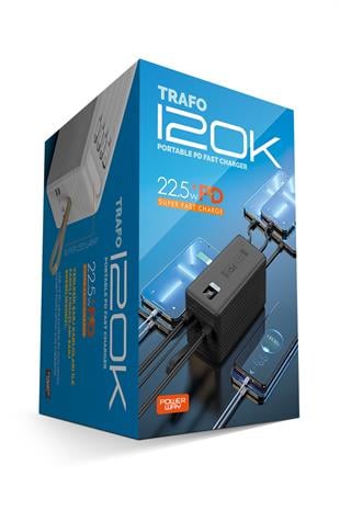Powerway TRAFO120 Siyah 120.000 Mah PD 22.5W Dahili Kablolu Hızlı Şarj Işıklı Powerbank