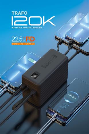 Powerway TRAFO120 Siyah 120.000 Mah PD 22.5W Dahili Kablolu Hızlı Şarj Işıklı Powerbank