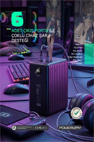 Powerway TRAFO120 Siyah 120.000 Mah PD 22.5W Dahili Kablolu Hızlı Şarj Işıklı Powerbank