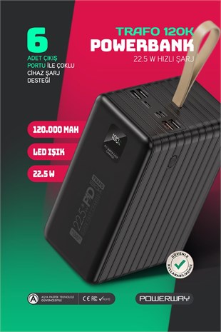 Powerway TRAFO120 Siyah 120.000 Mah PD 22.5W Dahili Kablolu Hızlı Şarj Işıklı Powerbank
