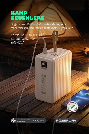 Powerway TRAFO120 Siyah 120.000 Mah PD 22.5W Dahili Kablolu Hızlı Şarj Işıklı Powerbank