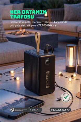 Powerway TRAFO120 Siyah 120.000 Mah PD 22.5W Dahili Kablolu Hızlı Şarj Işıklı Powerbank